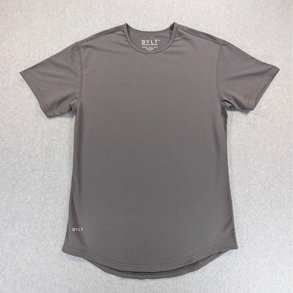 BYLT Premium Basics Mens Drop Cut SS T-Shirt Gray Size M Curved Hem Athletic Fit
